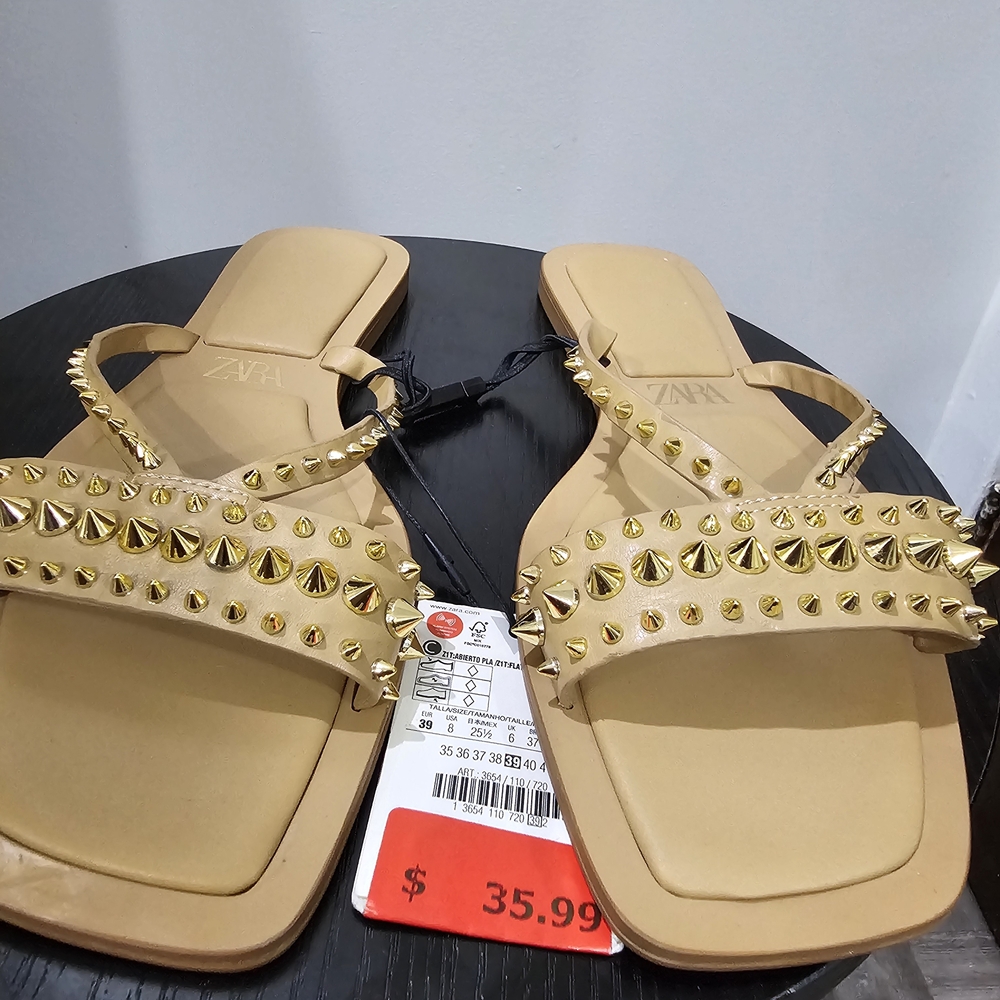 Zara Women's Tan Sandals with Gold Studs